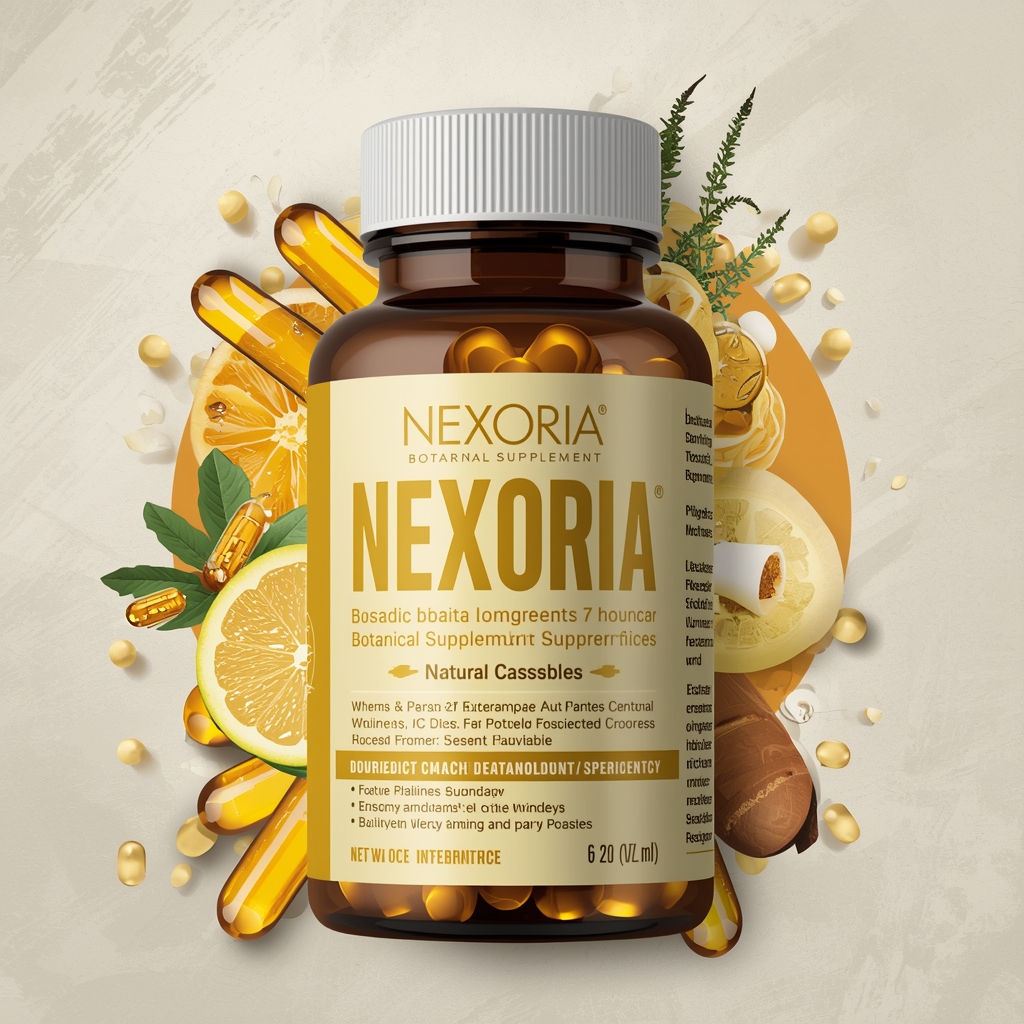 Stylized Nexoria botanical supplement bottle with warm golden accents